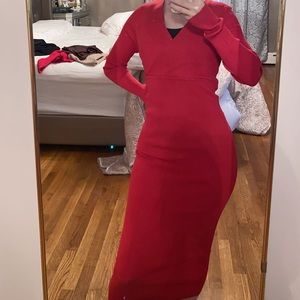 Zara Ribbed Bodycon Long Sleeve Red Midi/Maxi Dress